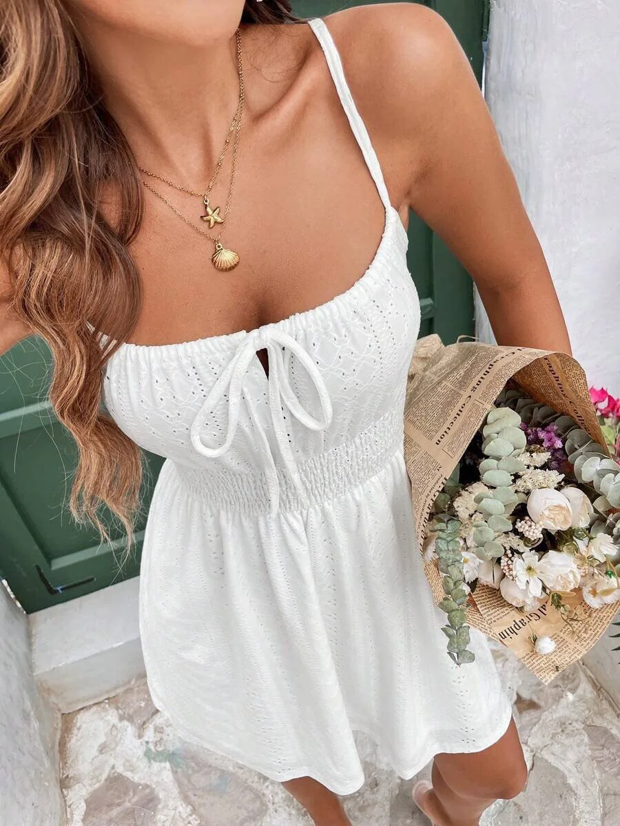 White Embroidered Summer Versatile Strap Dress Women's Waist Cinching Drawstring Short A-Line Skirt Style Casual Daily Wear