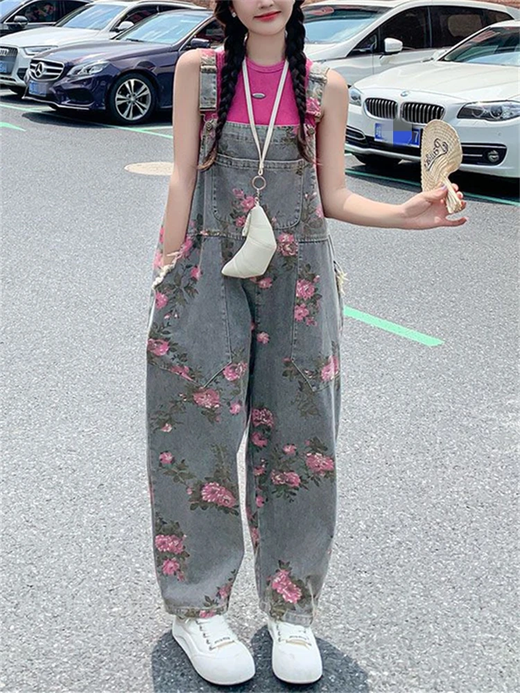 Women's Flower Print Pattern Vintage Overalls Fashion Streetwear Sweet Girl Wide Leg Pants Female Baggy Rompers Straight Trouser