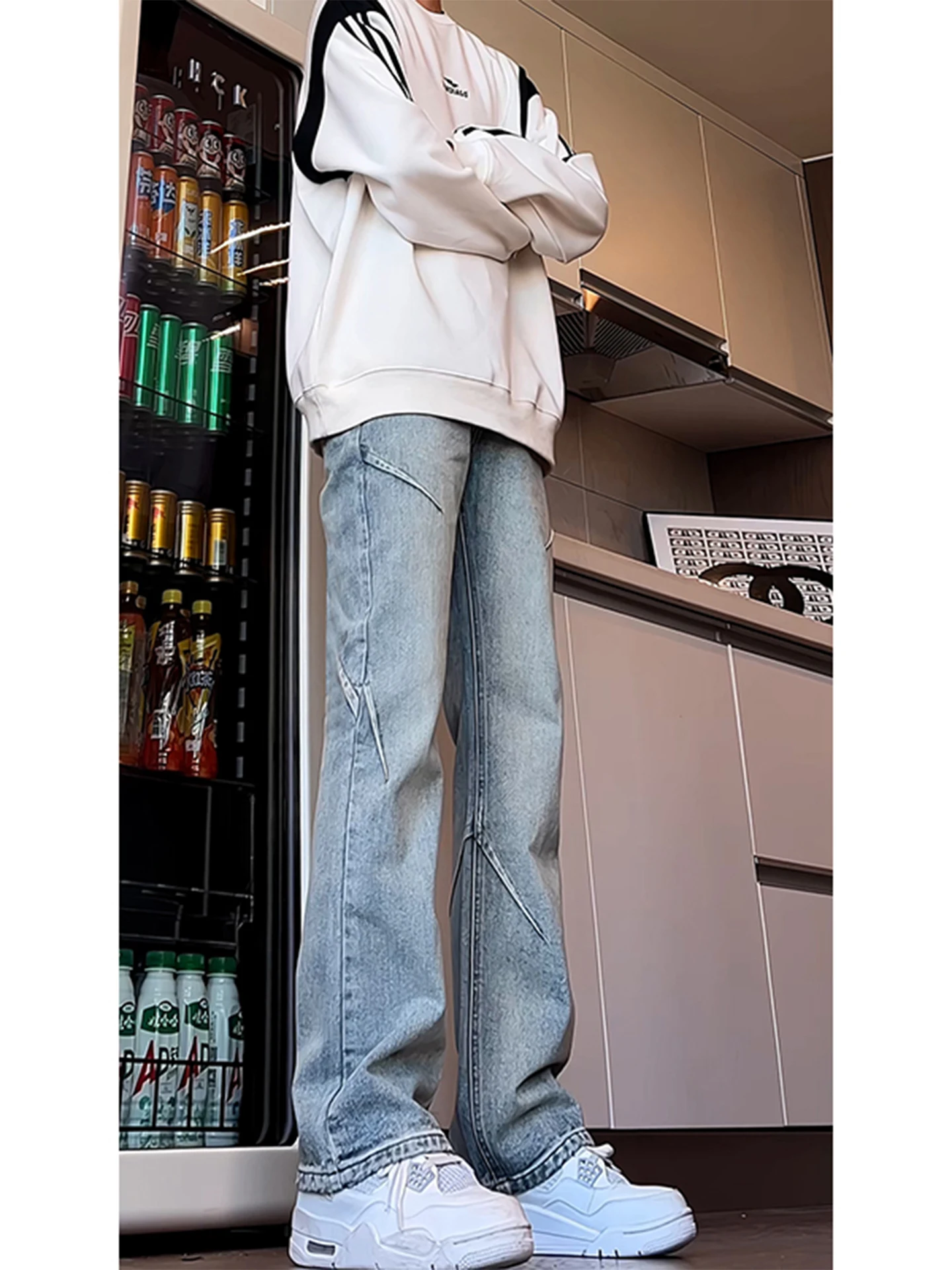 

Мужские джинсы American Sle в стиле ретро, расклешенные, осенне-зимние, повседневные, прямого кроя, с плиссировкой, длинные брюки