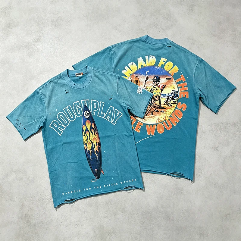 Rough Play Men Short Sleeve T-Shirt Surfboard Flame Skull Print Distressed Casual Street Loose Tee