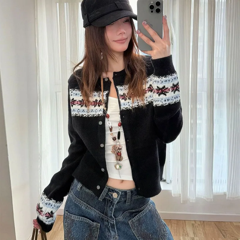 Japanese And Korean Autumn Vintage Print Knitted Cardigan Y2k Harajuku Cropped Sweater Outerwears Long Sleeve Design Jumpers