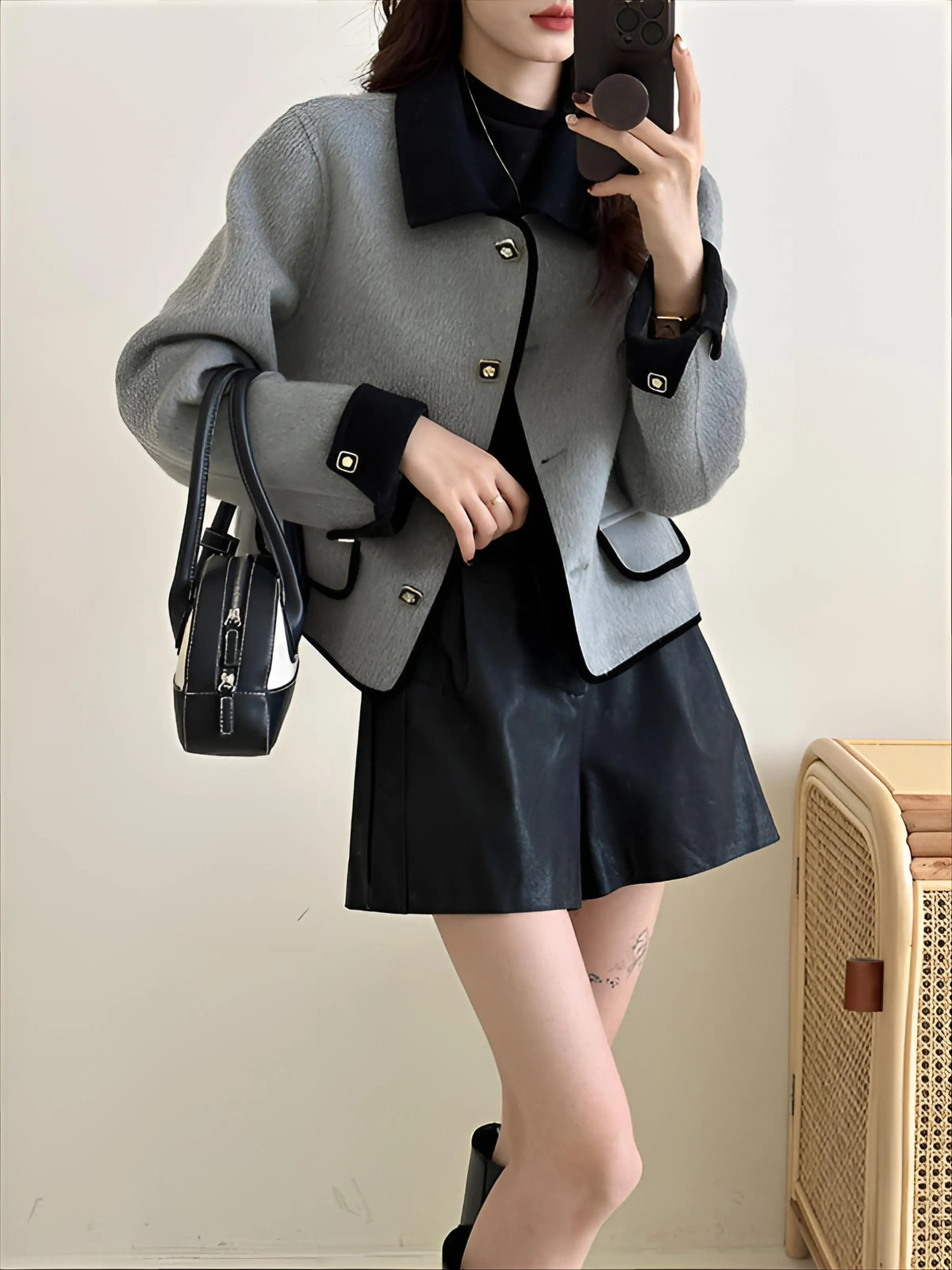 

Tweed Jacket Teen Top Womens Spring Summer Loose Regular Snap-Button Pockets Fashionable Harajuku Japanese Style Zipper Elegance