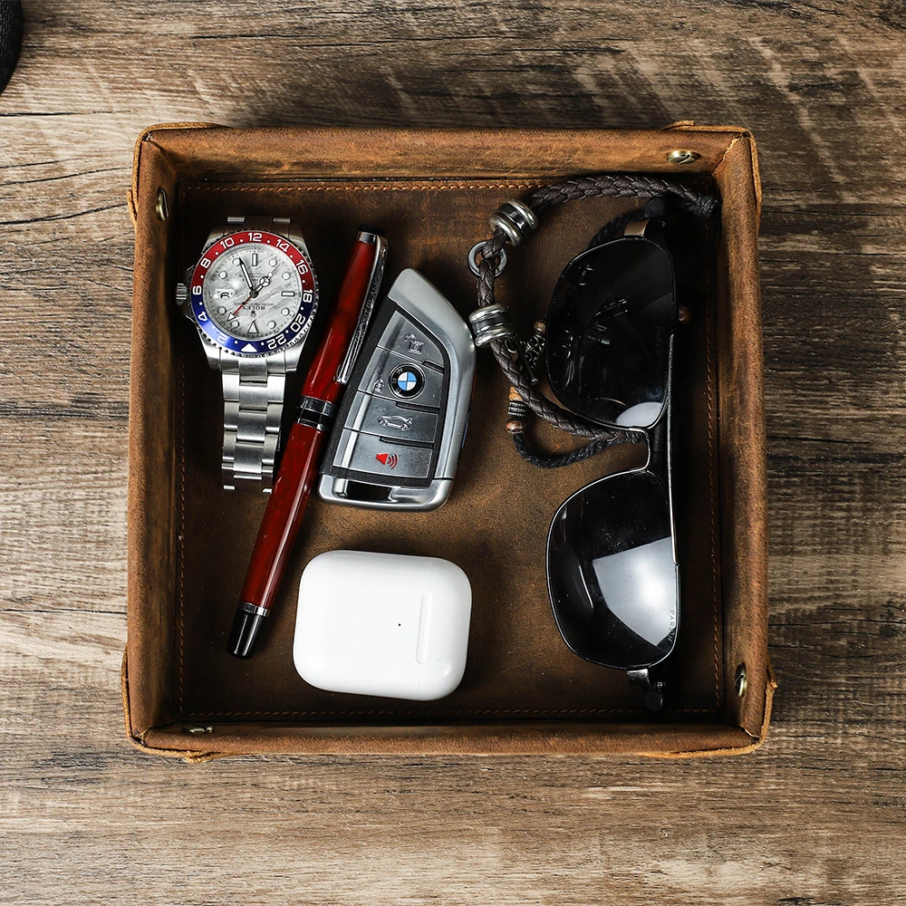 

Retro Genuine Leather Storage Tray Desktop Organizer For Key Jewelry Coins Cable Cosmetic Storage Box Home Decoration