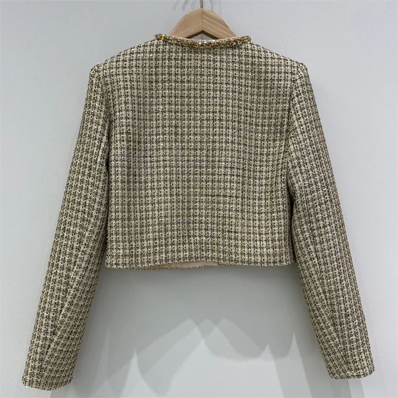 Women\'s jacket 2024 autumn new in outerwears Fashion button decoration women\'s coat Golden checkered tweed long sleeved top y2k