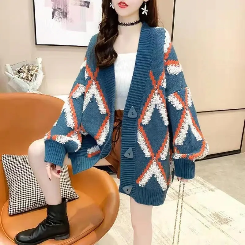 2024Autumn Winter New Sweater Women\'s Cardigan Thickened Korean Style Coat Loose Lazy Jackets Foreign Style Female Outerwear Top