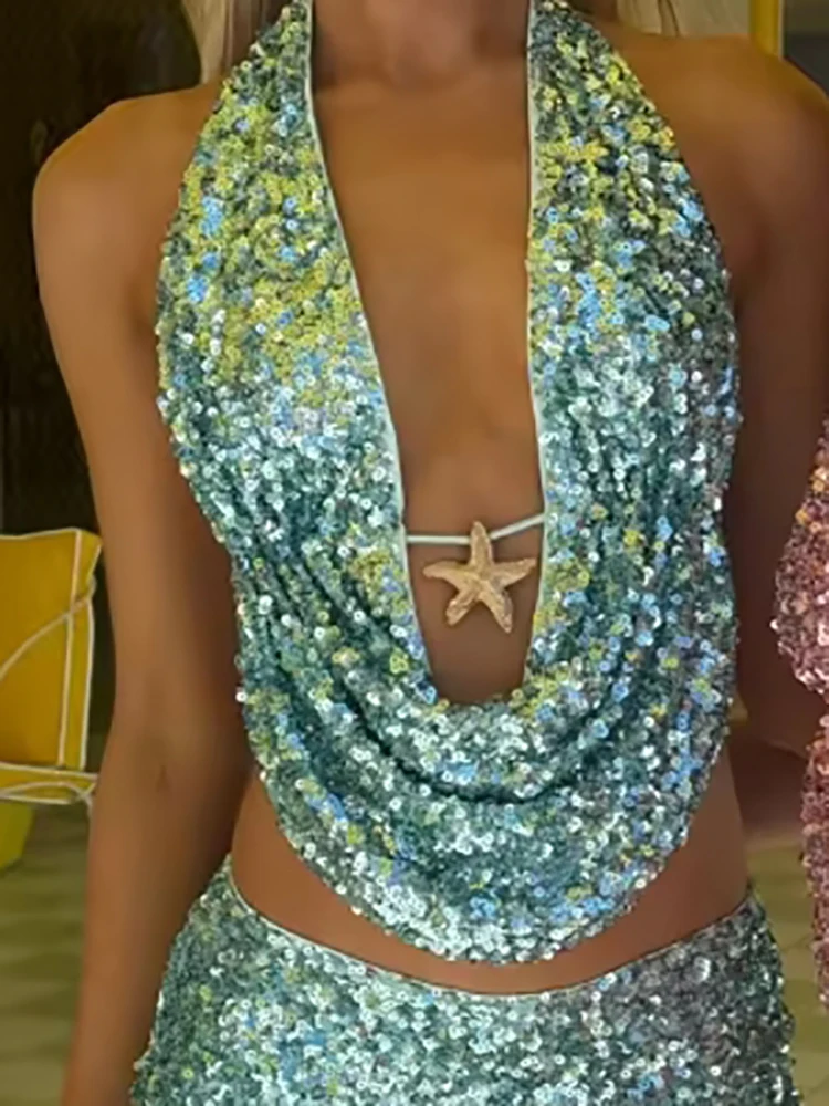 

Женский сексуальный топ без рукавов и шорты с лямкой на шее, комплект из двух предметов, летний пляжный костюм с открытой спиной, клубный наряд с блестками