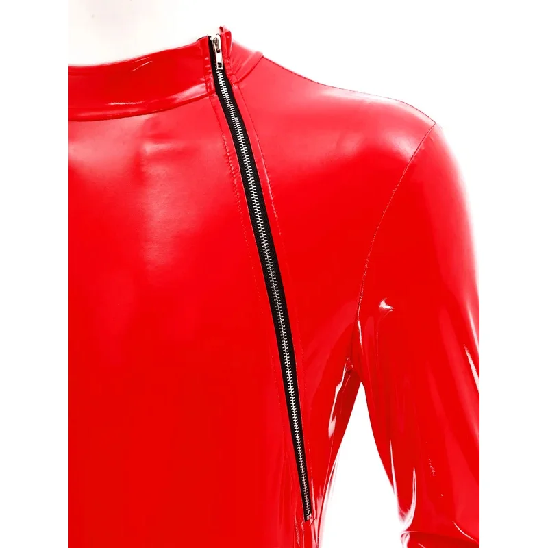 남성 지퍼 크로치 에나멜 가죽 바디수트 웻룩 긴팔 목폴라 점프수트 클럽 댄스 공연 의상