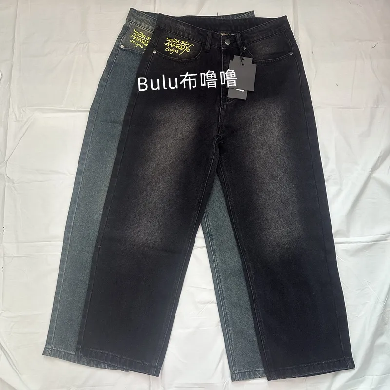 Retro American Embroidered Dragon  Long Pants Loose Skateboarding Wide Leg Pants Hip Hop Street Style Casual Jeans