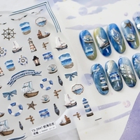 Nautical Elements Lighthouse Seagull Lifebuoy Boat 5D Embossed Reliefs Self Adhesive Nail Art Stickers Summer 3D Manicure Decals