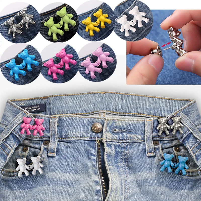 Cute Bear Button Pins Jeans Button Replacement Pant Clips Buckle No Sew Tool Instant Pant Waist Tightener Adjustable Button Pins