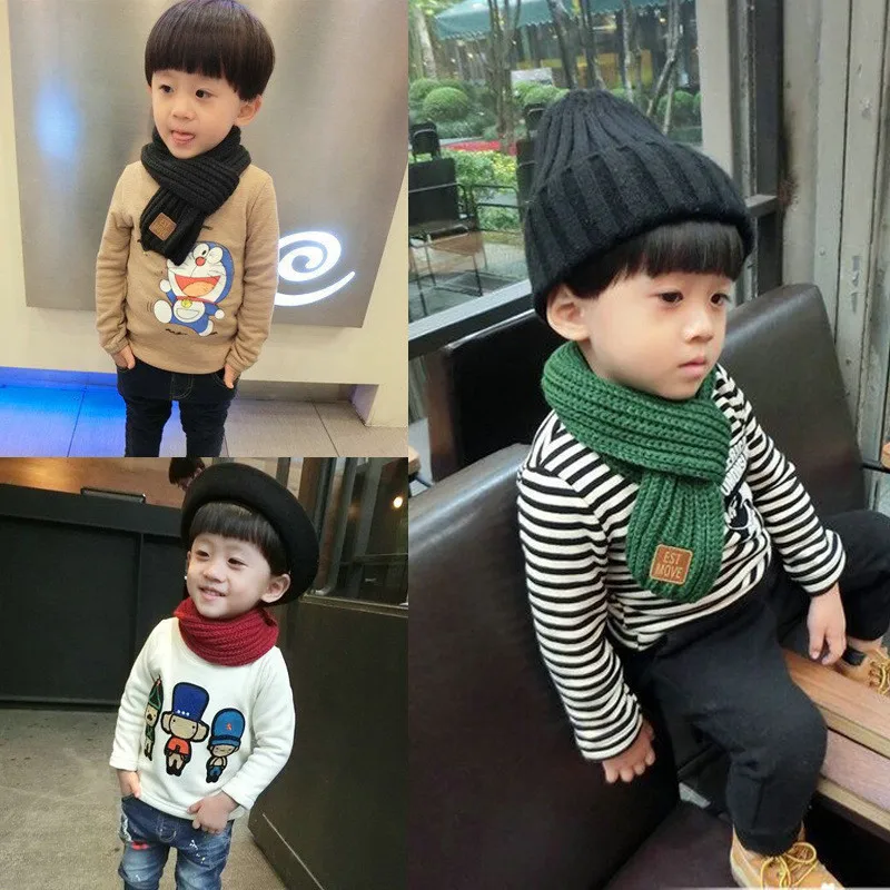 2022 Winter Children Colors Soft Knitting Wool Thermal Scarf Boys Girls Lovely Outdoor Warmer Scarf Kids Solid Labelled Scarf