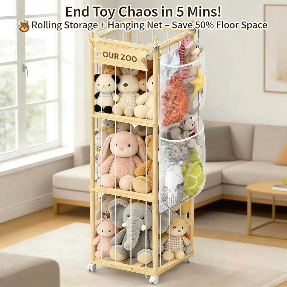 Animal Storage, Wooden Zoo Toy Organizer with Wheels & Hanging Net, Cute Plush Toy Display Stand for Kids Bedroom, Playroom & Nu view 4