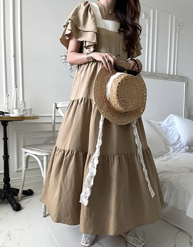 

2024 New Korean Summer Women Ruffles Casual Loose Square Ruffled Short Sleeve Fashion Vintage Office Bow Holiday Dresses