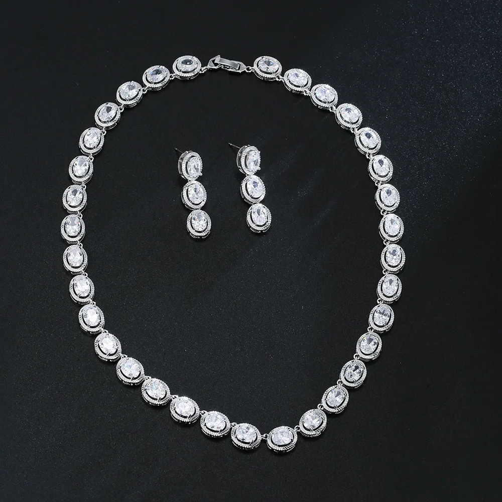 

Minimalist Oval CZ Bridal Jewelry Set, Celebrity Same Style 2Pcs Necklace Earrings for Women Wedding Dress Accessories