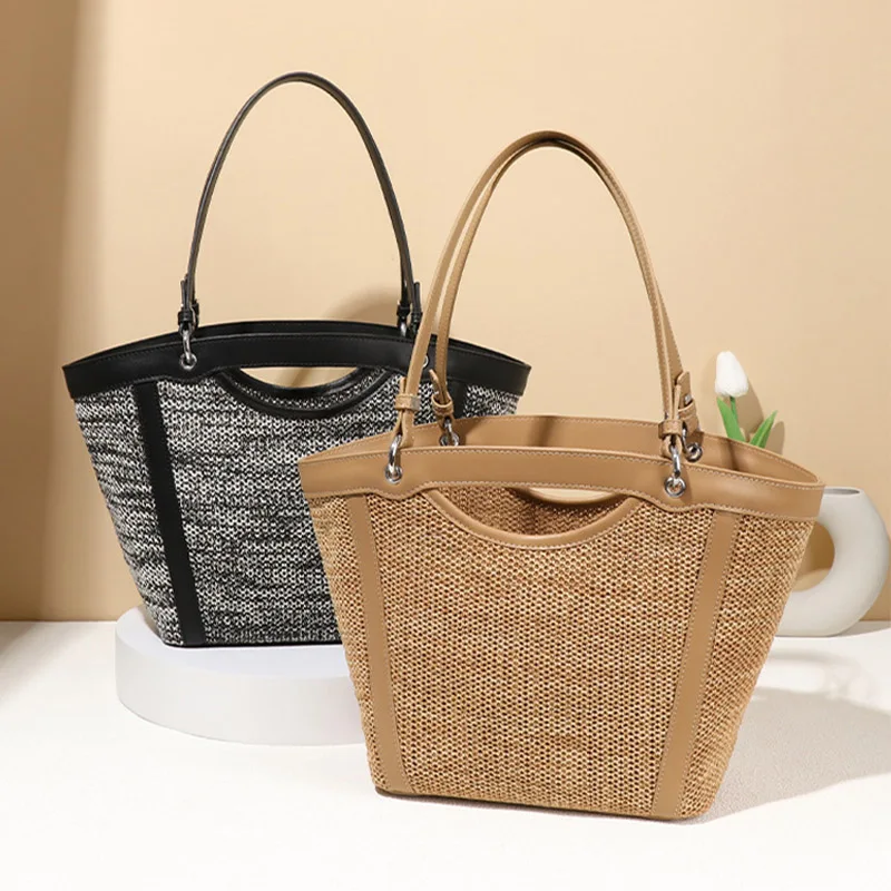 

2025 new fashion straw woven underarm single shoulder bag luxury designer lazy woven large capacity tote bag women's bucket bag