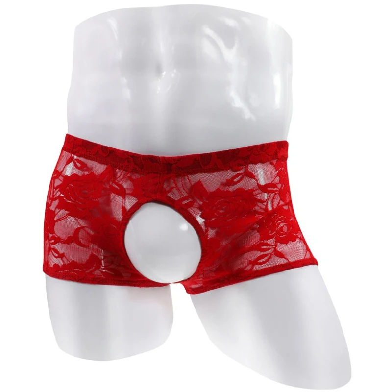 الرجال الملاكمين الدانتيل الوردي انظر من خلال الملابس الداخلية سيسي مفتوحة المنشعب الملابس الداخلية مفتوحة الجبهة القضيب سراويل كروسدريس ملابس النوم #5