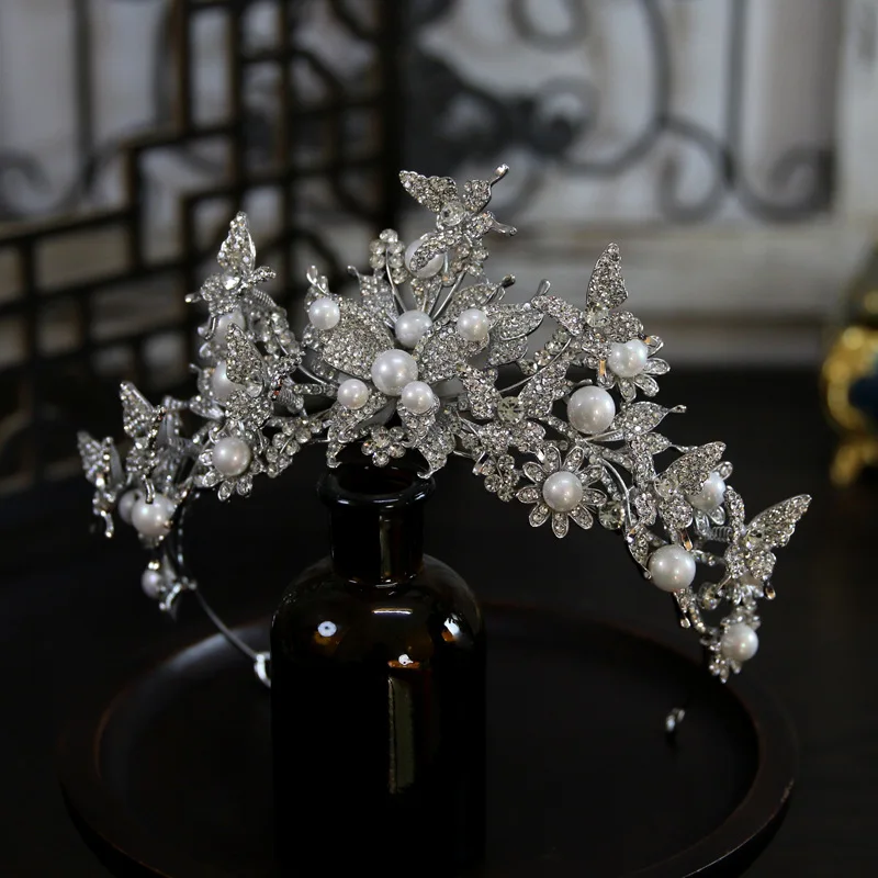 Luxury Pearl Crown Headpiece for Bride Wedding Spring Butterfly Hair Accessory Tiara for Women Girls Party