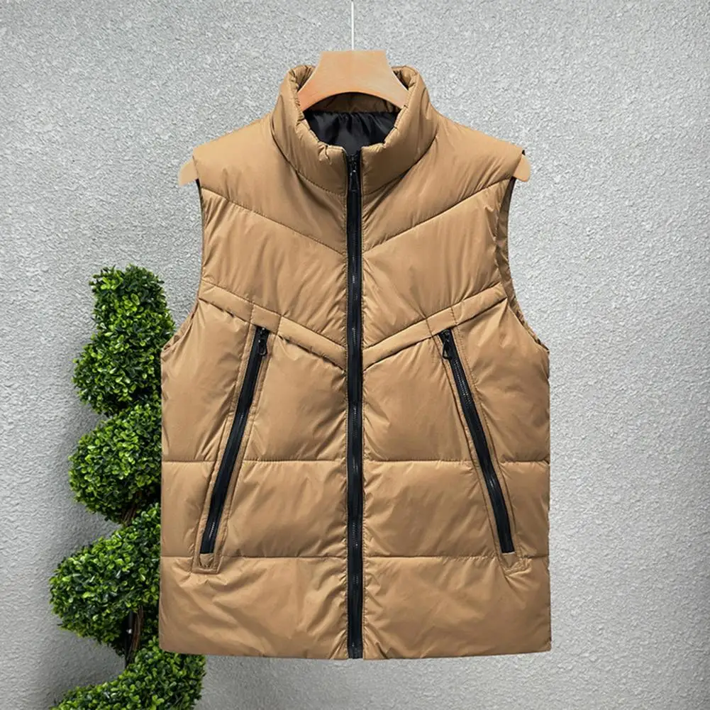 

Stand Collar Sleeveless Waistcoat Men's Stand Collar Sleeveless Quilted Cotton Vest Coat with Pockets Solid Color for Winter