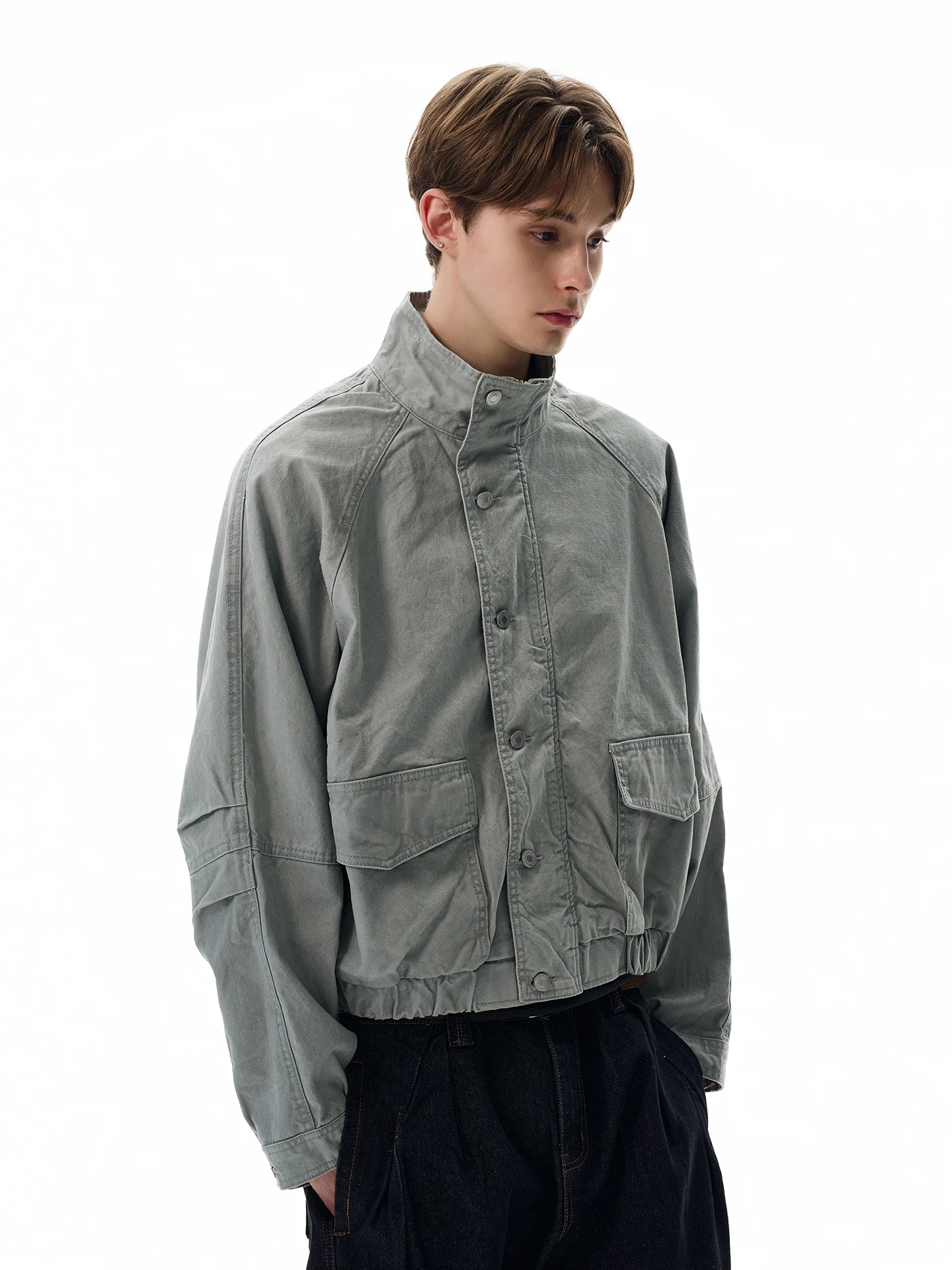 

Retro American Bombe Jaet Boxy Sle ort Wide Versatile Stand Collar Workwear Coat for Men And Women Youth Faion