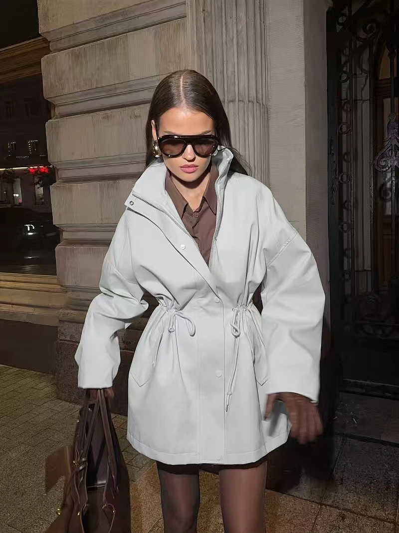 

Faionable Свободная ветровка Пальто с завязками на талии Длинная застежка-молния Све средней длины для поездок на работу Sle Ladies Jaet