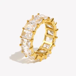 E.B.belle Tarnish Free 18K Gold Plated Shiny Square Zircon Ring 316L Stainless Steel Transparent Waterproof Women's ring