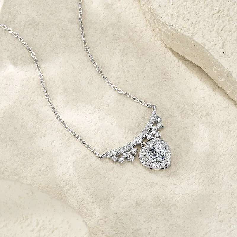 

S925 Rhodium Plated Silver 2CT D Color Moissanite Heart Dress Pendant Necklace for Women, Exquisite Jewelry