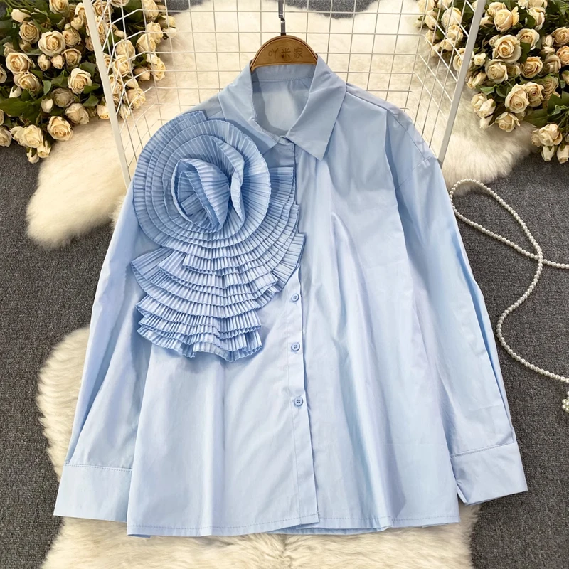 

3D Flower Polo Collar Woman Blouse 2024 Spring Autumn Versatile New Single Breasted Casual Loose Long Sleeve Fashion T-Shirt