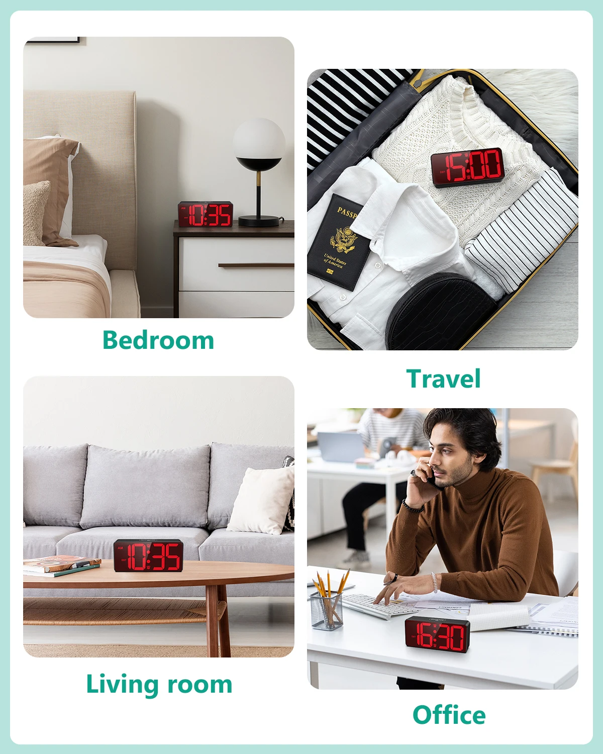 ORIA Digitaler Wecker, batteriebetriebener LED-Wecker, großes Display, kleine Uhr mit Dual-Alarm, DST, Schlummerfunktion für das Heimbüro – Detail 3