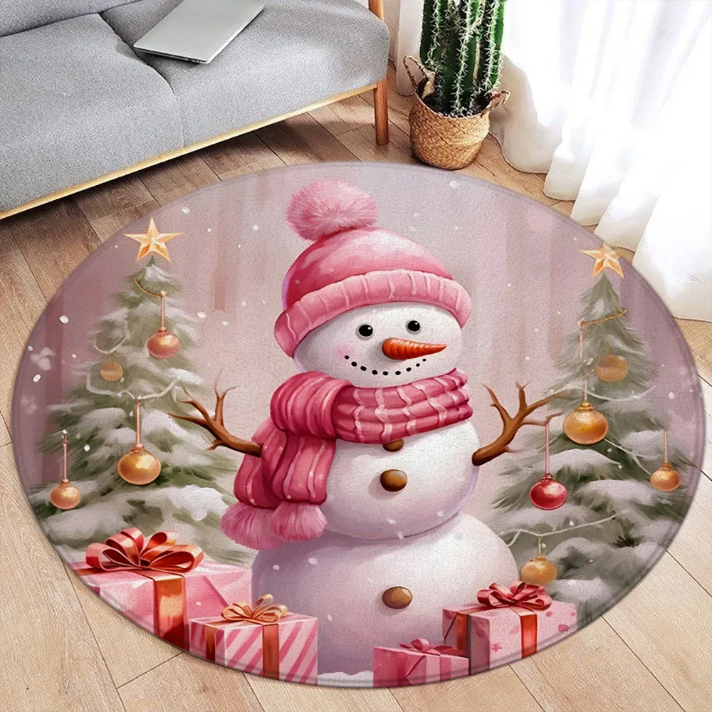 Cute Snowman Christmas Round Carpet Winter Forest Red Bird Xmas Tree Gift Deer New Year Home Living Room Bedroom Decor Floor Rug