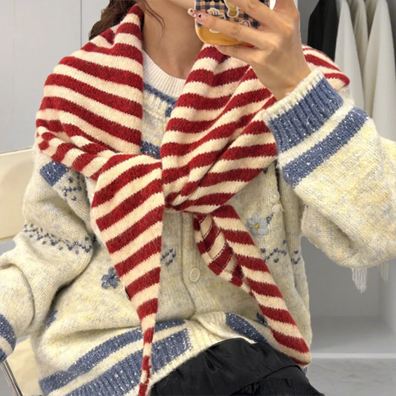 Striped Wool Triangle Scarf for Women Versatile Super Cozy Scarf Female Winter Comfortable Gentle Sweet Korean Scarf