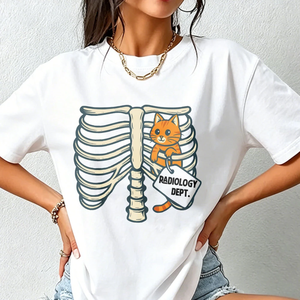 Radiology Dept Rib Cage Skeleton Cat Graphic T Shirt Women Funny Medical Tech Cartoon Print Tee  Xray Nurse Worker Cotton Tops