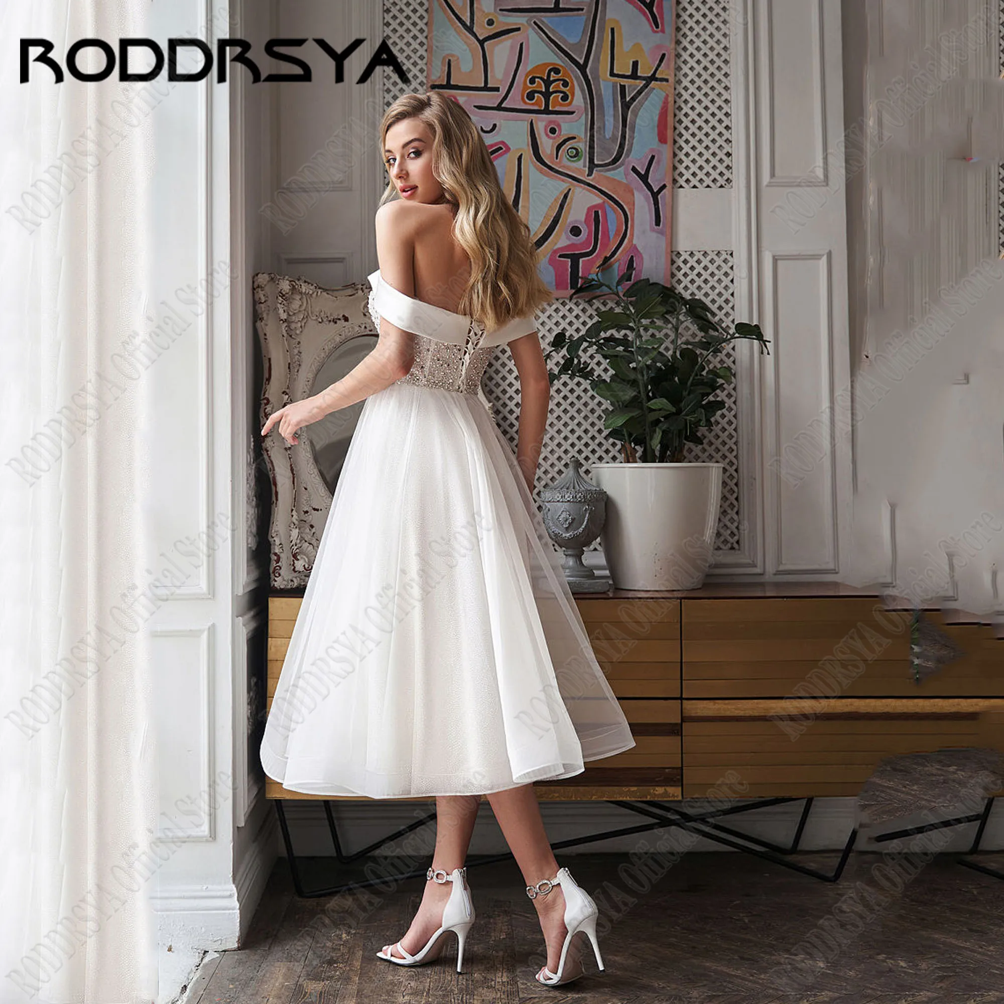 RODDRSYA Shiny Tulle Wedding Dress Sequined Off Shoulder V-Neck A-Line Bride Gowns 2024 Beading Tea-Length vestidos de novia