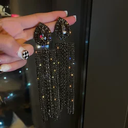 Black Gold Color Water Drop Crystal Earrings Oversize Long Tassel Rhinestone for Women Dangle Earring Statement Jewelry