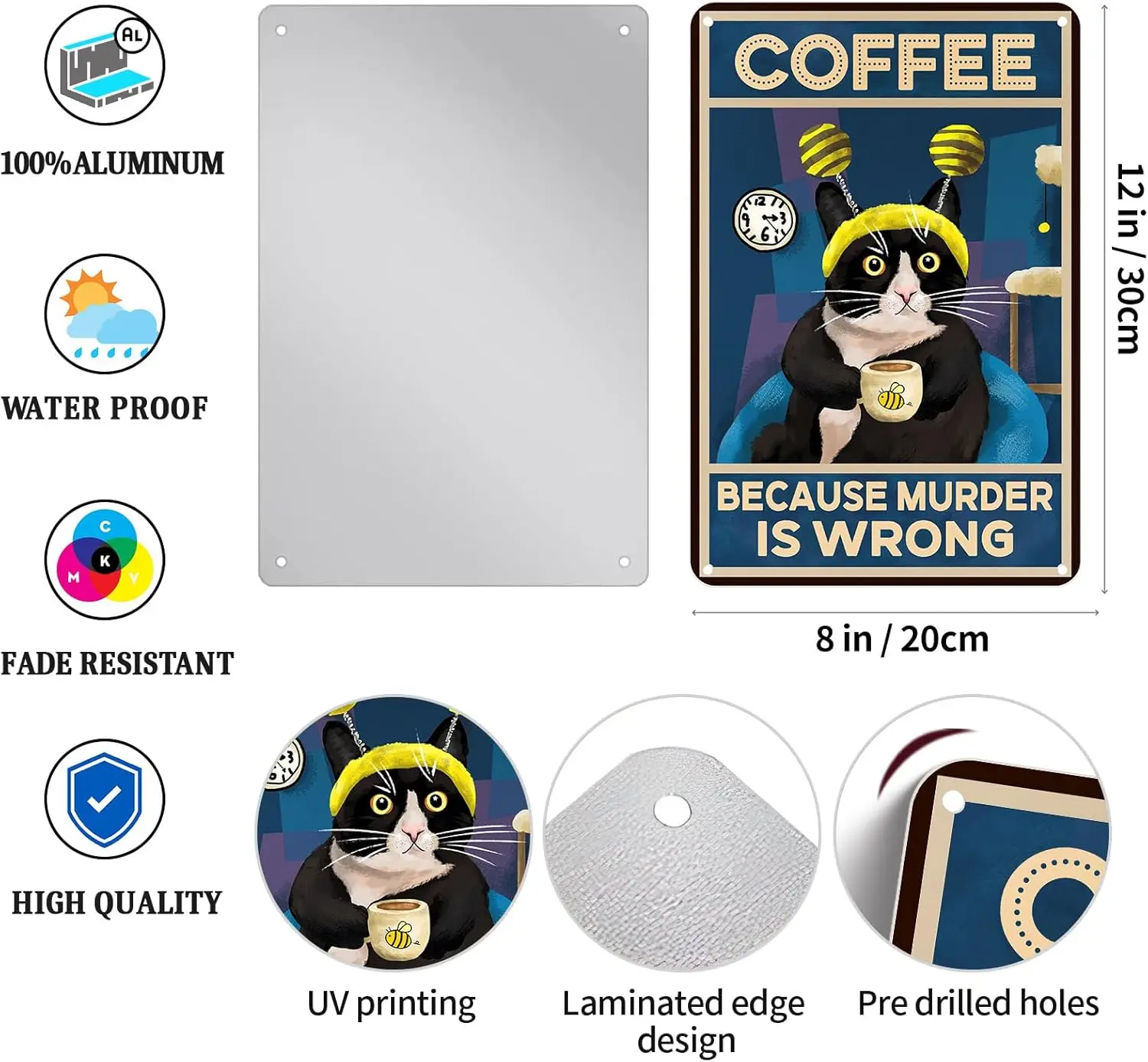 Tuxedo Cat Coffee Bar Tin Signs Blue Wall Art Decor for Room Kitchen Coffee Nook Corner Coffee Station Accessories Decor Coffee