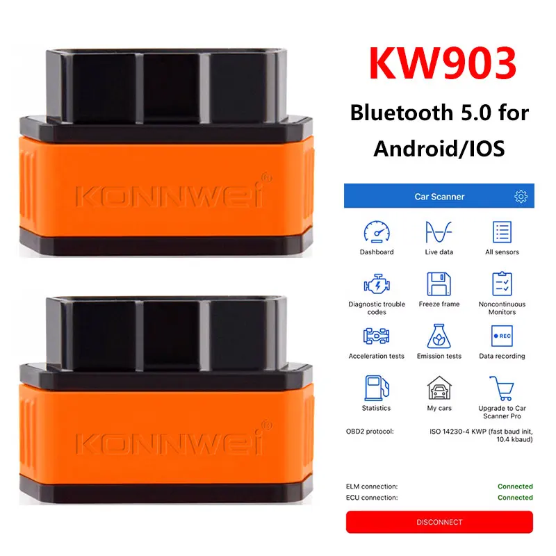 

KONNWEI OBD2 Bluetooth 5.0 ELM327 V1.5 KW903 Сканер OBD 2-кодовый считыватель OBDII Автомобильные диагностические инструменты OBD2 для IOS Android