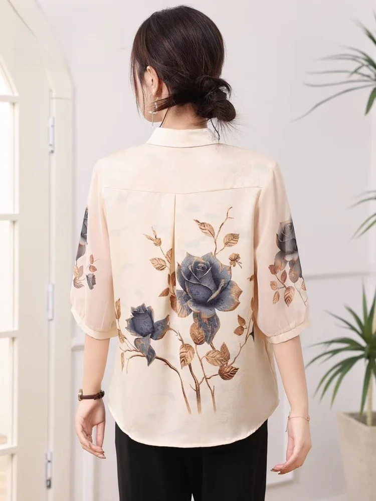 Ele Silk Commuter irt 2025 Summer New Sle Medium Sve Embroidered Women's Top  Collar Single Button Chinese Sle