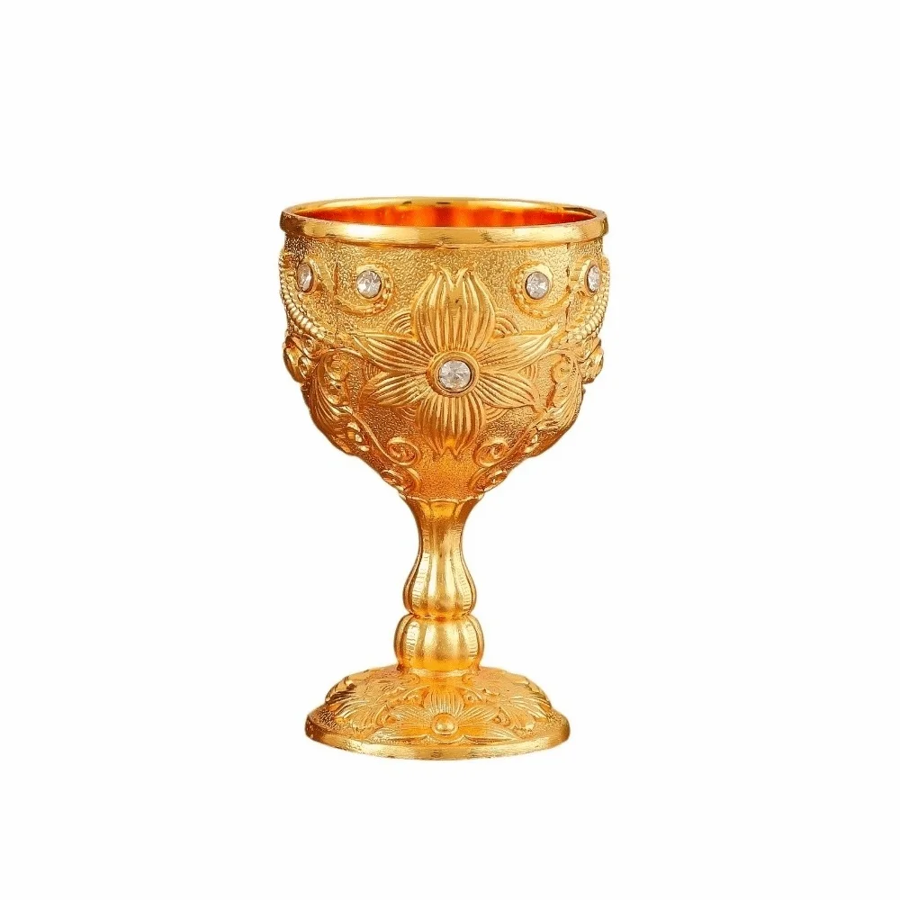 Flower Embossed Metal Chalice Goblet Rhinestone Decorative Vintage Wine Cup Medieval European Style Vodka Champagne Liqueur Cup
