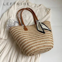 LEFTSIDE Big Straw Ribbons Design Tote Bags for Women 2024 Summer Fashion Weave Shoulder Bags Travel Handbags Beach Bag