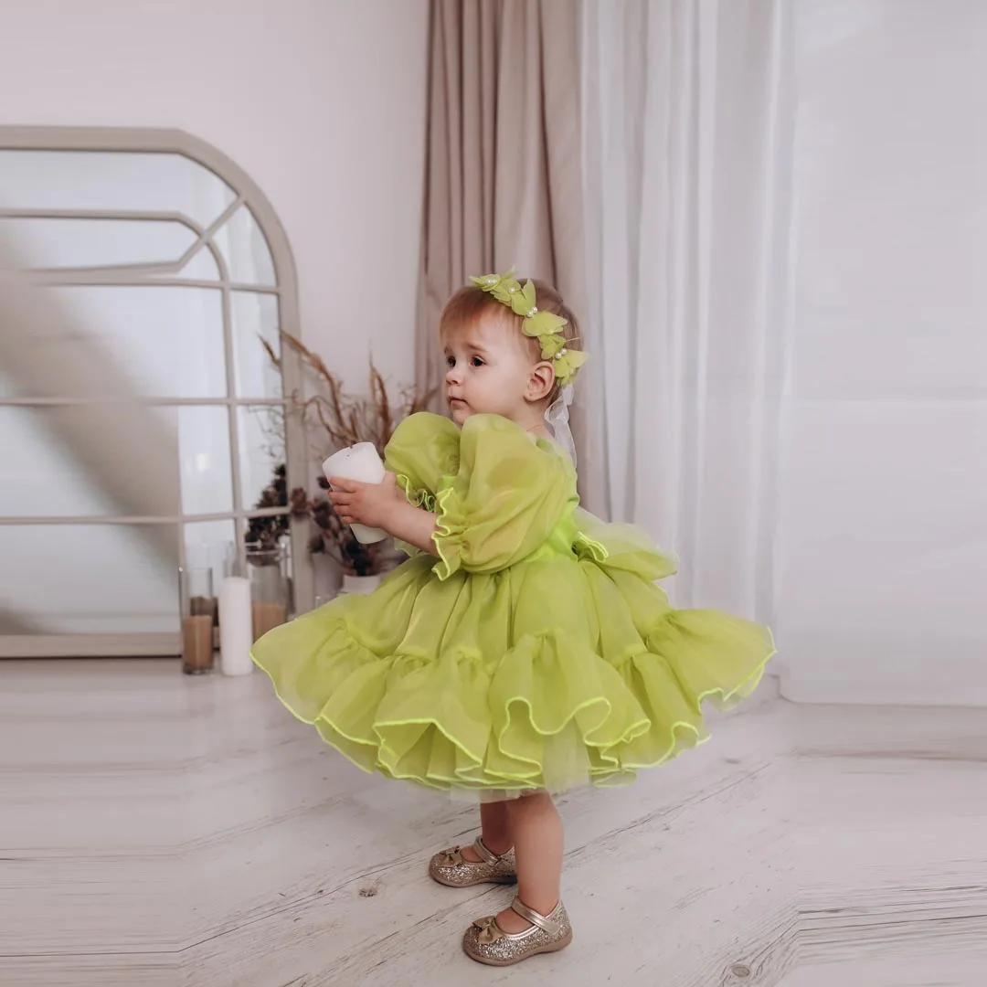 

Cutte Army Green Tulle Flower Girls Dresses Child Birthday Party Baby Girl Maxi Ball Gown To Photography Communion Evening Gowns