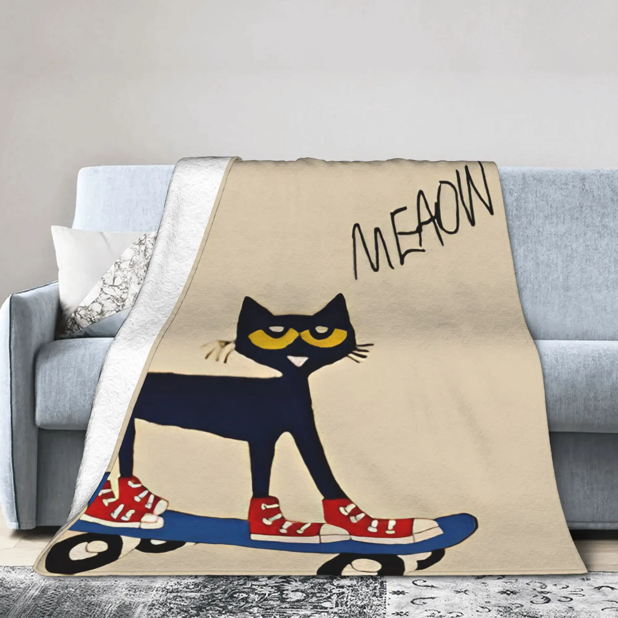 Pete the Cat  Skateboarding Flannel Blanket  Funny Throw Blanket for Home Hotel Sofa  200x150cm Plush Thin Quilt