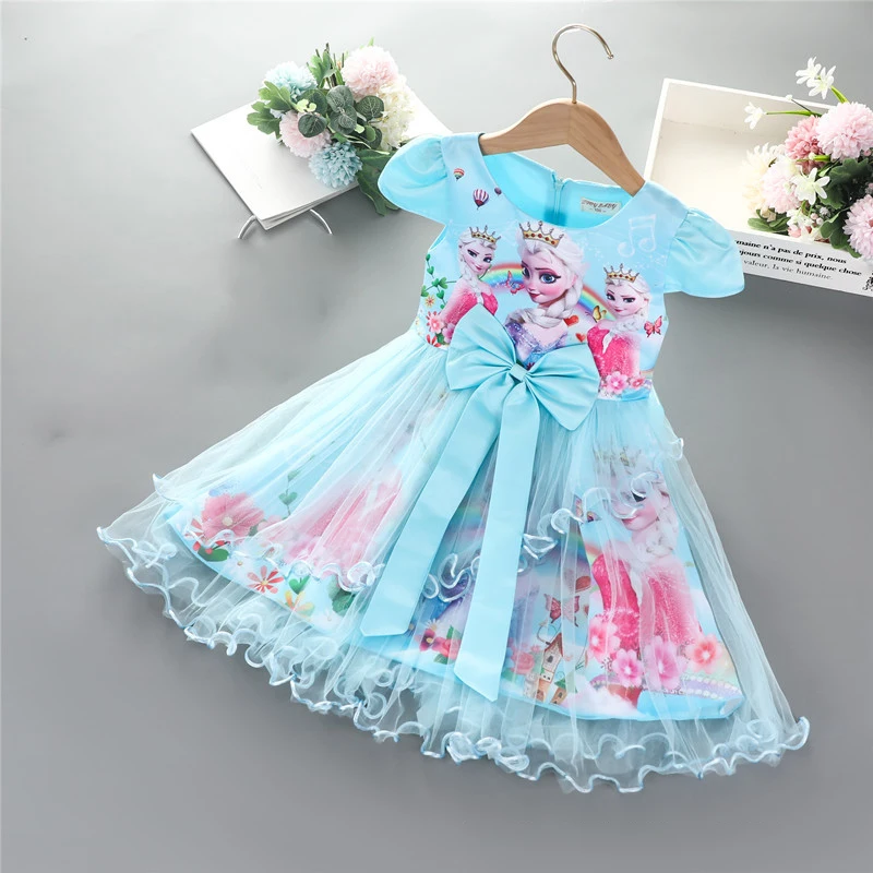 2024 Summer Frozen Elsa Anna Princess Dress for Girls Pretty Korean Kid Birthday Party Costume Vestidos Bow Tie Outfits Clothing