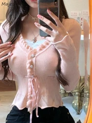 Fake Two Piece Lace Pullovers Women Sexy Sweet Basic Feminine Sweater Autumn Winter Slim Charming Vintage Long Sleeve Knitwear