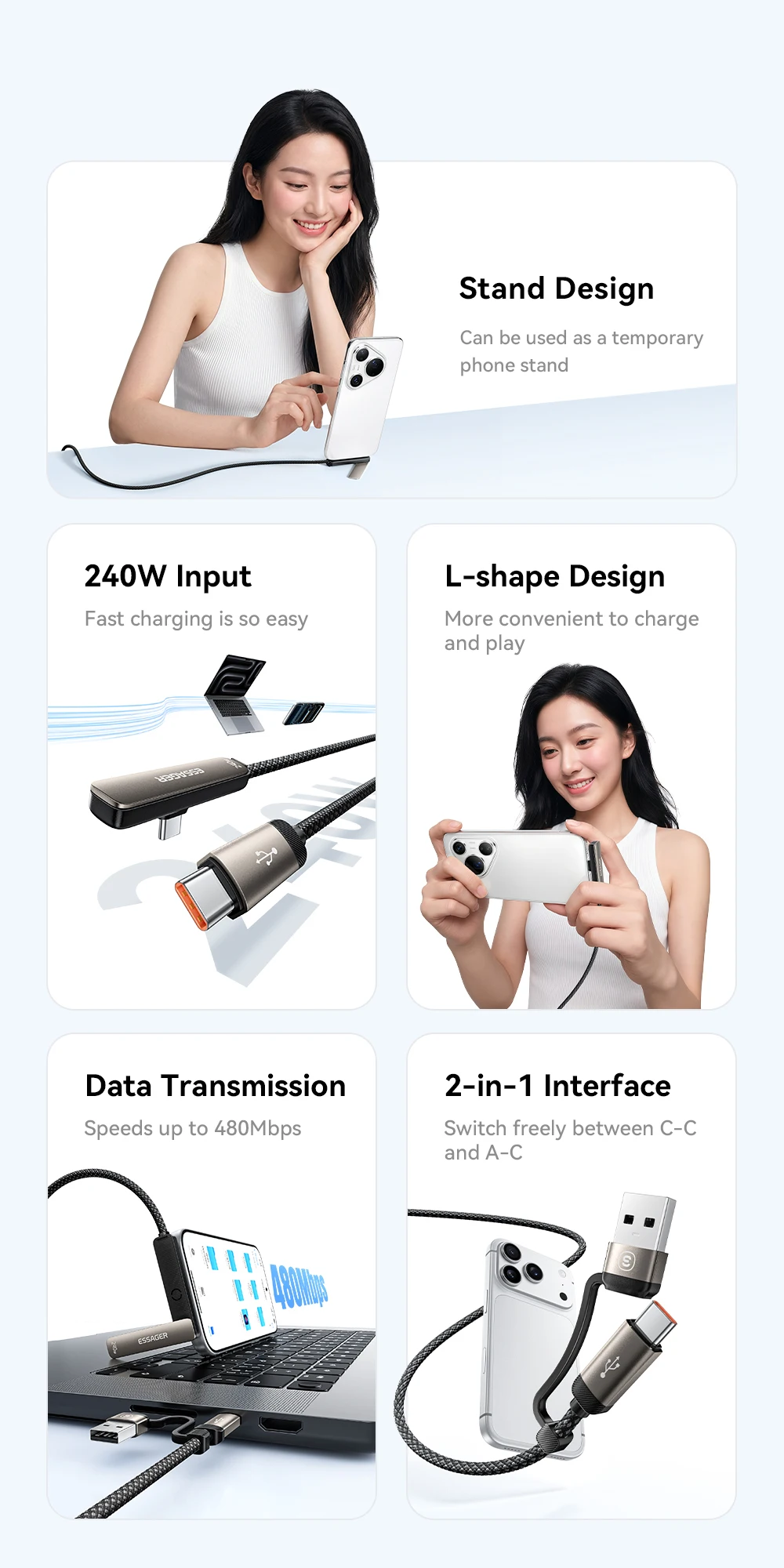 Essager 2-in-1 240W USB-C-Kabel mit Telefonständer für iPhone 17 16 Pro Max iPad Typ-C-Kabel für Macbook Xiaomi Samsung S25 – Detail 2