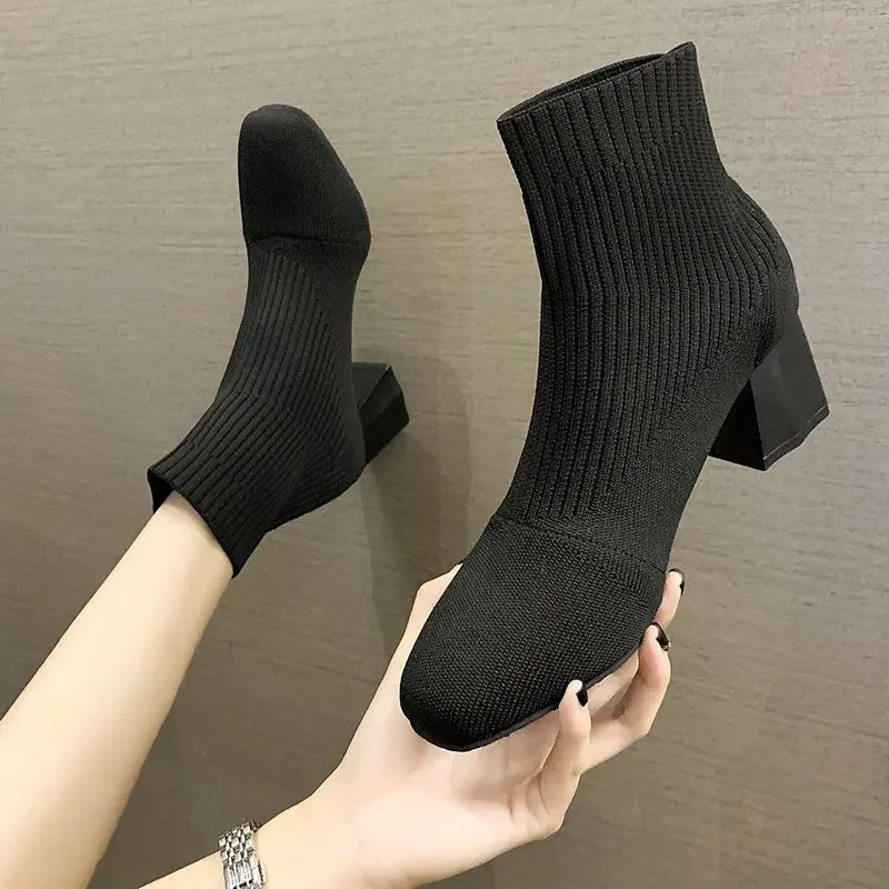 2024 New Women's Boots Spring, Autumn, and Winter Korean Edition Square Head Sleeve Women's Thick Heel Knitted Fashion Boots