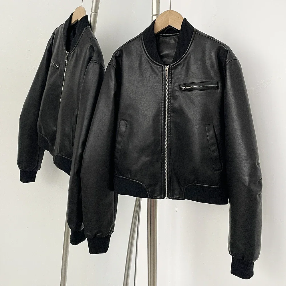 Alta qualidade roupas pretas senhora nova primavera outono jaqueta de couro falso moda feminina gola de malha casaco de couro falso feminino