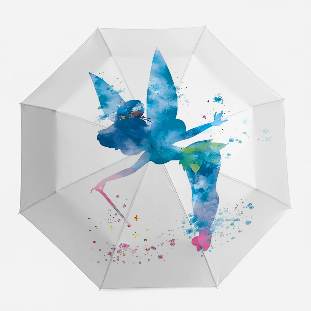 

Автоматический складной зонт Disney Peter Pan Tinker Bell с волшебным акварельным силуэтным принтом, белый и синий, водонепроницаемый, ветрозащитный