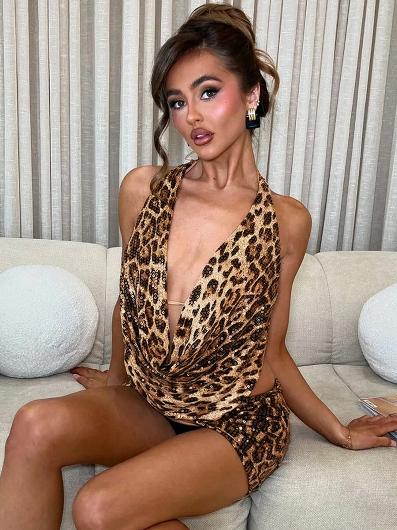 2025 New Leopard Print Sequin Backless Halter Top and Mini Skirt Two Piece Set Women Sexy Going Out Club Outfitsnight club outfi