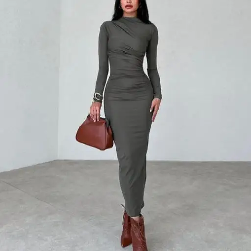 فستان جديد لربيع وخريف 2025 أنيق ومثير بقصة ضيقة ونمط راقي بلون سادة ومزاج طويل على الورك للنساء #1