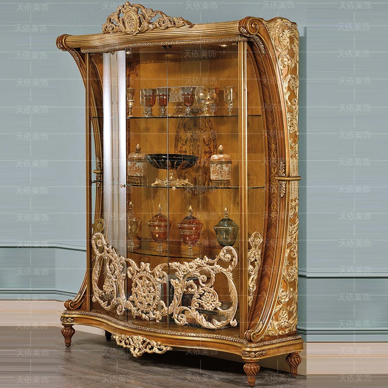 باب زجاجي أوروبي من الخشب الصلب المنحوت على شكل زهرة النبيذ القديم وخزانة حائط لغرفة المعيشة