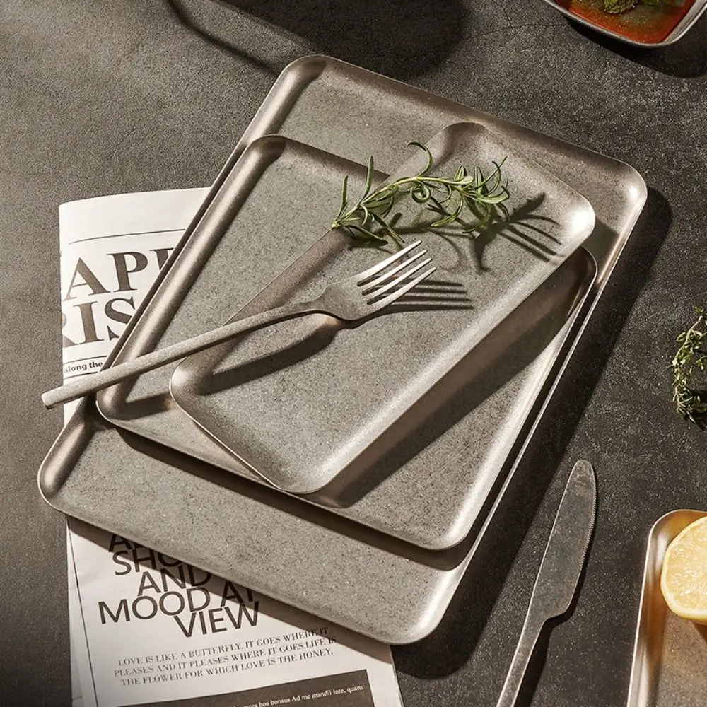 304 Stainless Stainless Steel Tray Square Shape Vintage Silver Dinner Plate Thickened Brushed Surface Barbecue Serving Tray